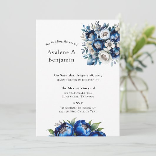 Royal Blue en Silver Glitter Peony Wedding Shower Kaart (Staand voorkant)