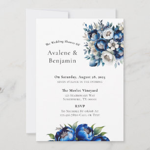 Royal Blue en Silver Glitter Peony Wedding Shower Kaart