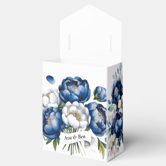 Royal Blue en Silver Glittery Peony Wedding Bedankdoosjes (Geopend)