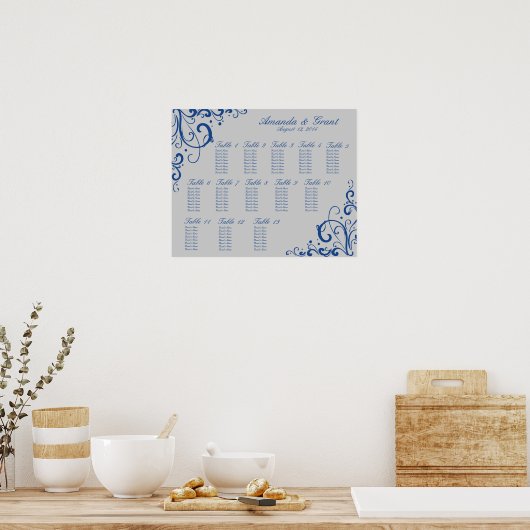 Royal Blue en Silver Grey Flourish Seating Chart Poster (Keuken)