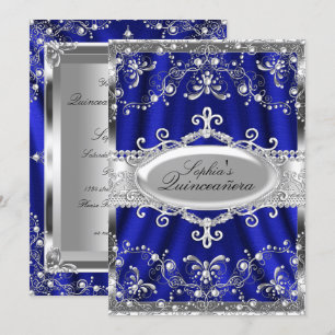 Royal Blue en Silver Jewel Damask Quinceanera Kaart