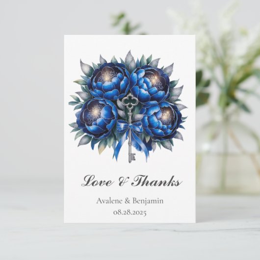 Royal Blue en Silver Peony Wedding Bedankkaart (Staand voorkant)