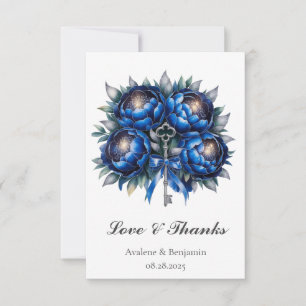 Royal Blue en Silver Peony Wedding Bedankkaart