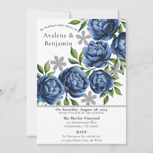 Royal Blue en Silver Peony Wedding Couples Douche Kaart (Voorkant)