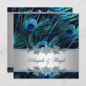 Royal Blue en Silver Royal Blue Peacock Wedding Kaart (Voorkant / Achterkant)