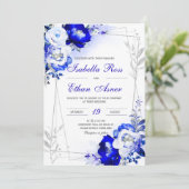 Royal Blue en Silver Wedding Invitation Kaart (Staand voorkant)