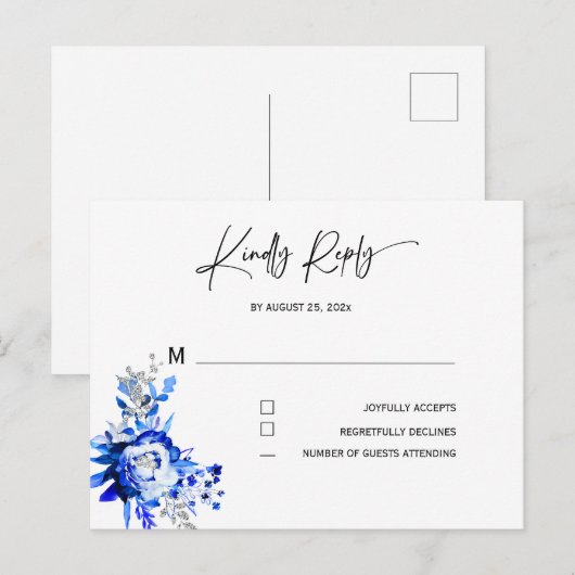 Royal Blue en Silver Wedding RSVP Briefkaart (Voorkant / Achterkant)