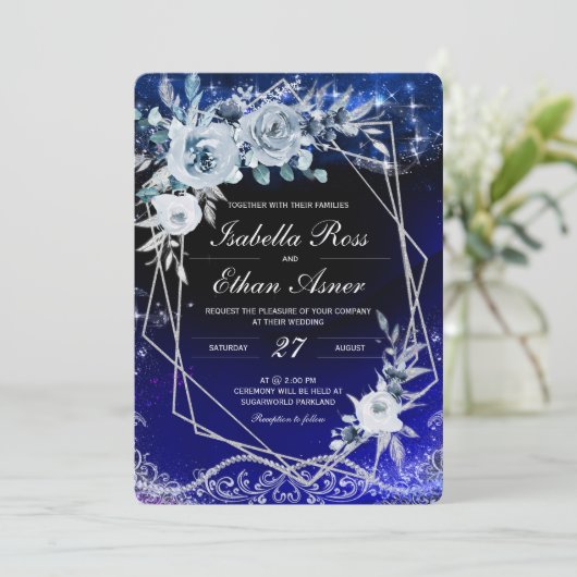 Royal Blue en Silver White Geometric Wedding Kaart (Staand voorkant)