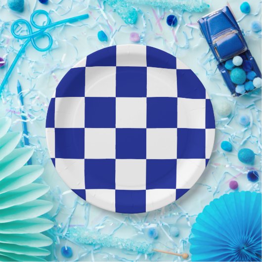 Royal Blue en White Checkered Pattern Papieren Bordje (Feest)