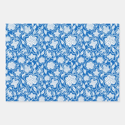 Royal Blue en White Cross Stitch Floral Inpakpapier Vel (Voorkant)