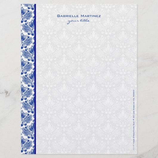 Royal Blue en White  Floral Damaskers Briefhoofd Ontwerp (Voorkant)
