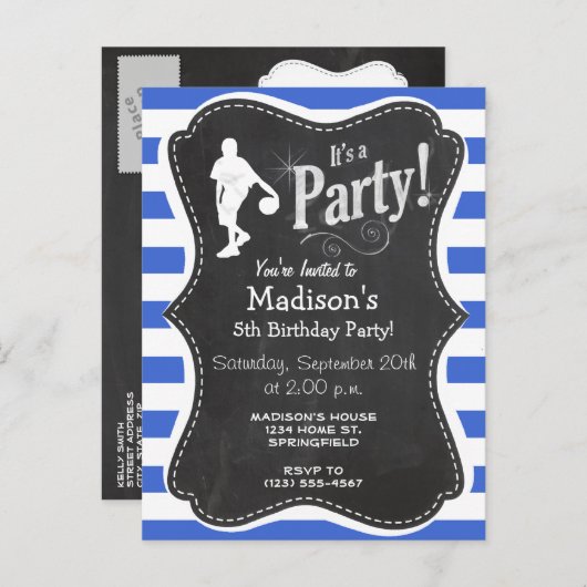 Royal Blue en White Stripes; Basketbal Uitnodiging Briefkaart (Voorkant / Achterkant)