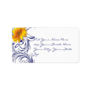 Royal Blue en Yellow Sunflowers Monogram Etiket