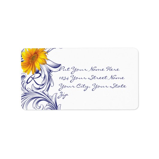  Royal Blue en Yellow Sunflowers Monogram Etiket (Voorkant)