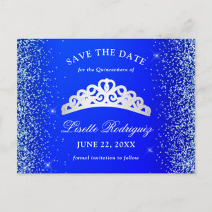 Royal Blue en Zilveren Quinceanera Save The Date Briefkaart