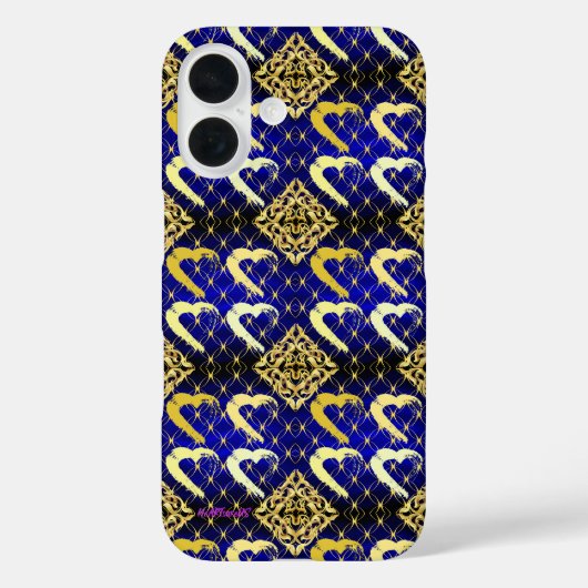 Royal Blue et Gold Hearts de luxe iPhone 16 Coque (Verso)