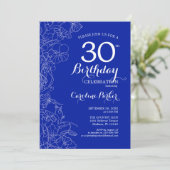 Royal Blue Floral 30th Birthday Party Kaart (Staand voorkant)