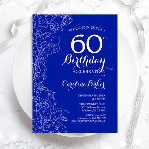 Royal Blue Floral 60th Birthday Party Kaart