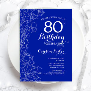 Royal Blue Floral 80th Birthday Party Kaart