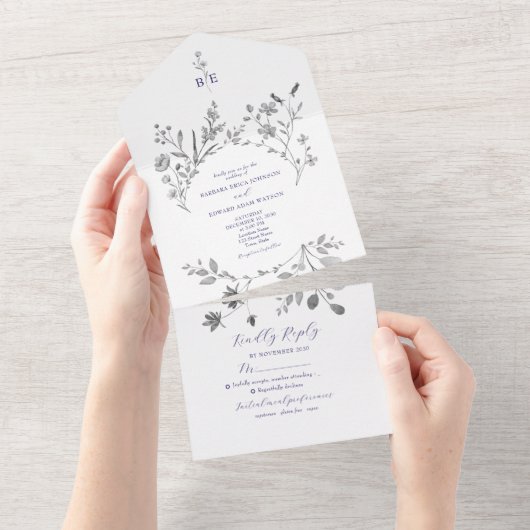 Royal Blue Floral All-in-One Uitnodiging (Afscheurbaar)