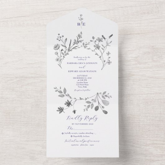 Royal Blue Floral All-in-One Uitnodiging (Binnen)