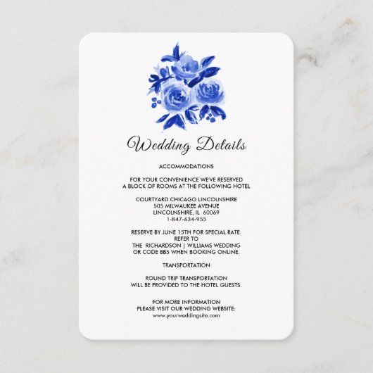 Royal Blue Floral Aquarelle Mariage Détails Cartes (Devant)