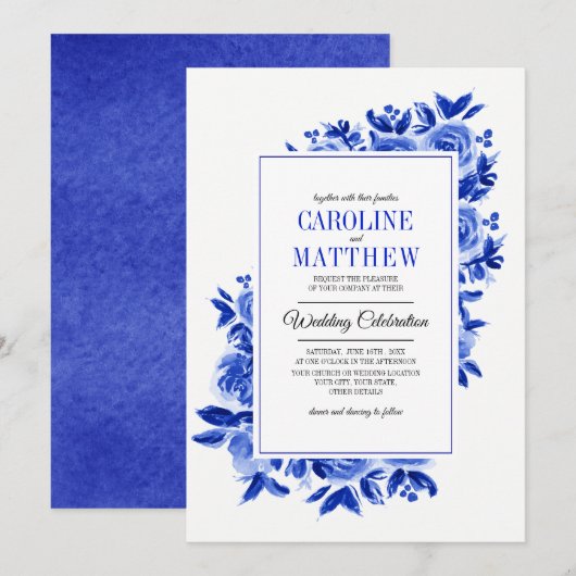 Royal Blue Floral Aquarelle Mariage Invitations (Devant / Derrière)