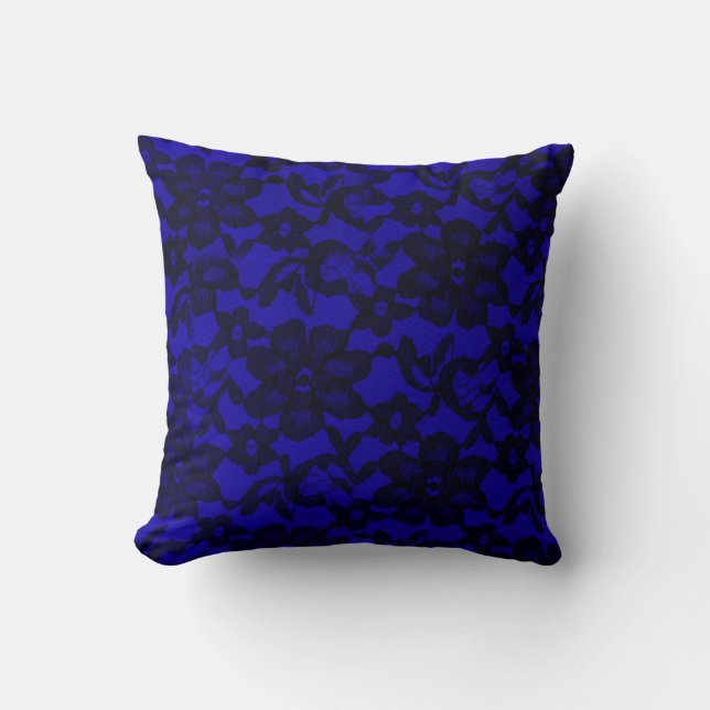 Royal Blue Floral Black Lace Sierkussen (Voorkant)
