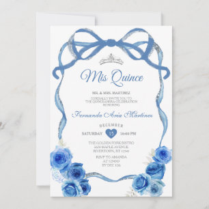 Royal Blue Floral Bow Ribbon Silver Mis Quince Kaart