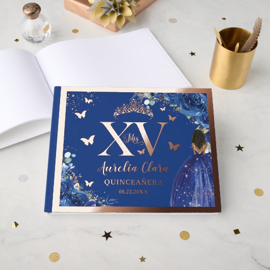 Royal Blue Floral Brown fille Quinceañera Rose or (Recto ouvert)