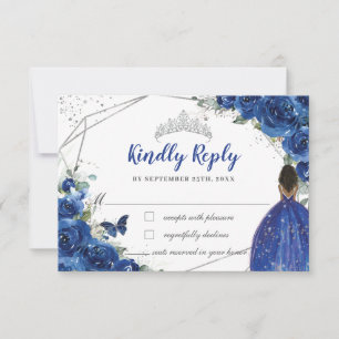 Royal Blue Floral Brown Princess Quinceañera XV 16 RSVP Kaartje