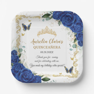 Royal Blue Floral Butterflies Gold Quinceañera 16 Papieren Bordje