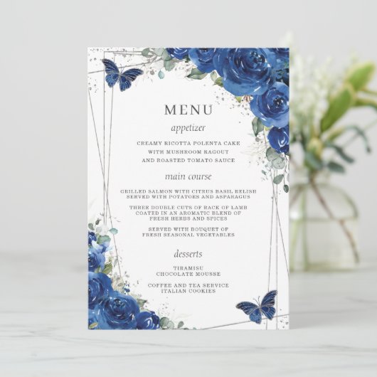 Royal Blue Floral Butterflies Quinceanera Menu (Debout devant)