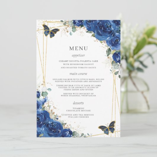 Royal Blue Floral Butterflies Quinceanera Menu (Debout devant)