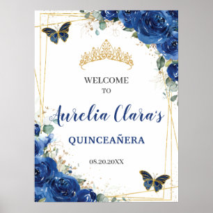Royal Blue Floral Butterflies Quinceanera Welkom Poster