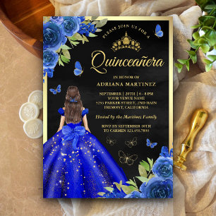 Royal Blue Floral Butterfly Black Gold Quinceanera Kaart