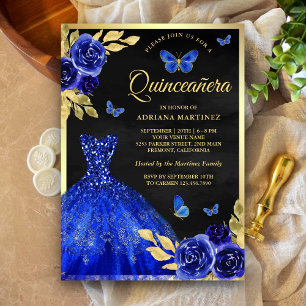 Royal Blue Floral Butterfly Black Gold Quinceanera Kaart