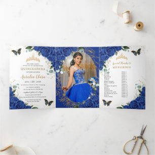 Royal Blue Floral Butterfly Quinceañera 15 foto's Drieluik Uitnodiging