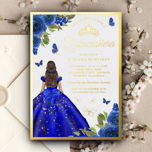 Royal Blue Floral Butterfly Quinceanera Gold Folie Uitnodiging