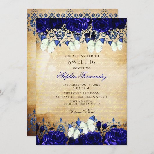 Royal Blue Floral Butterfly Sweet 16 Kaart (Voorkant / Achterkant)