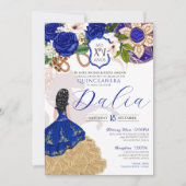 Royal Blue Floral Crest Roos Charro Quinceañera Kaart (Voorkant)