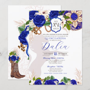 Royal Blue Floral Crest Roos Charro Quinceañera Kaart