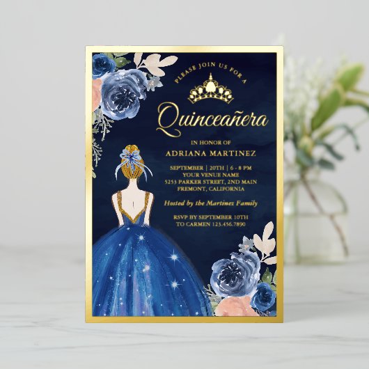 Royal Blue Floral Dress Navy Quinceanera Gold Folie Uitnodiging (Staand Voorkant)