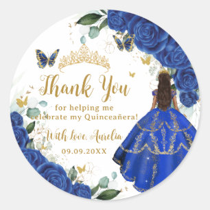 Royal Blue Floral Dress Quinceañera  Gold Ronde Sticker