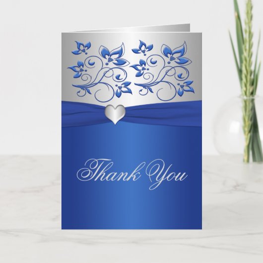 Royal Blue Floral et Silver Heart Carte de remerci (Devant)