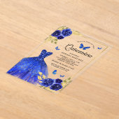 Royal Blue Floral Jurk Butterfly Gold Quinceanera Acryl Uitnodigingen (Laagn)