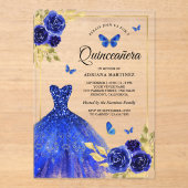 Royal Blue Floral Jurk Butterfly Gold Quinceanera Acryl Uitnodigingen (Voorkant)