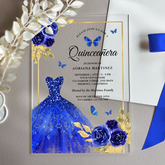 Royal Blue Floral Jurk Butterfly Gold Quinceanera Acryl Uitnodigingen