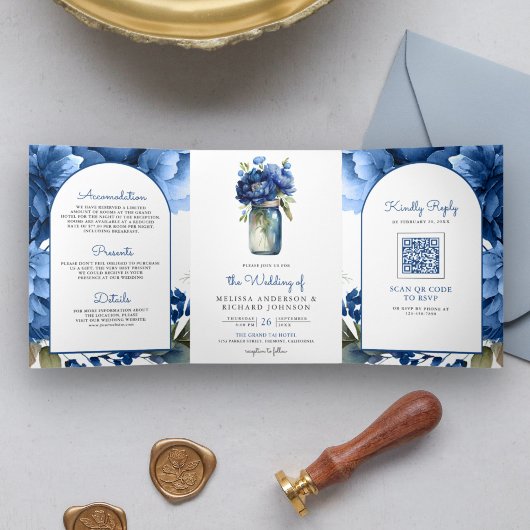 Royal Blue Floral Mason Jar QR Code Bruiloft Drieluik Uitnodiging