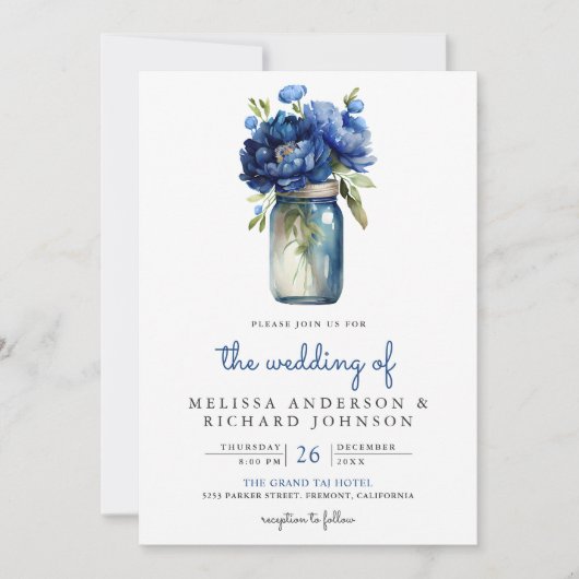 Royal Blue Floral Mason Jar QR Code Bruiloft Kaart (Voorkant)